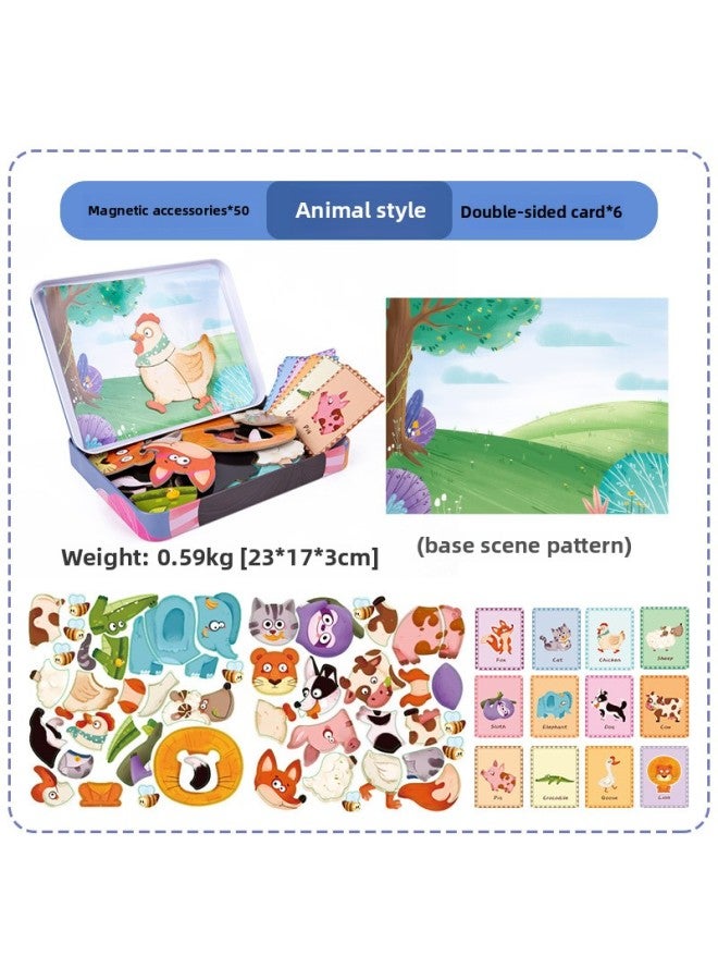 Iron Boxed Magnetic Character Dress-up Expression Change Jigsaw Puzzle Children's Wooden Early Education Educational Toys-Color:Animal Iron Box Magnetic Spelling - Image 1